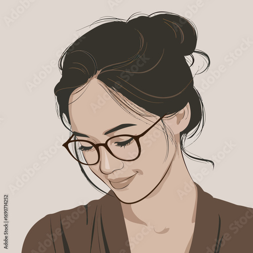 A woman with glasses smiles gently while looking down, showcasing a relaxed and introspective demeanor in a minimalist and soft color palette.