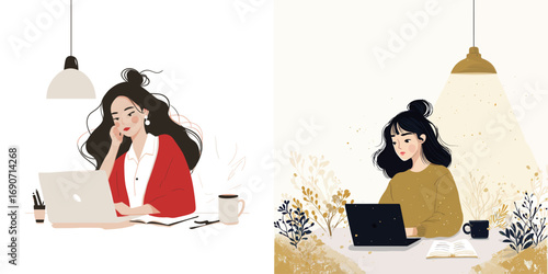 Two women sit in comfortable settings, one in a red jacket and the other in a yellow sweater, both engaged in work on their laptops. Bright, inviting environments enhance their concentration.