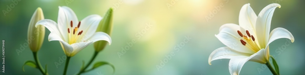 Fototapeta premium Elegant white lilies, delicate petals, soft light , still life, detail, background
