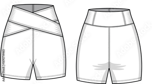 High waisted crossover workout shorts, women's activewear bottom, fitness shorts design, sporty apparel sketch, cad drawing flat vector illustration