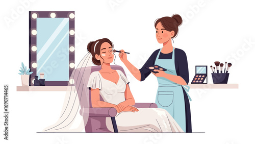 Bride receiving professional makeup application from a skilled makeup artist in a beauty salon before her wedding day