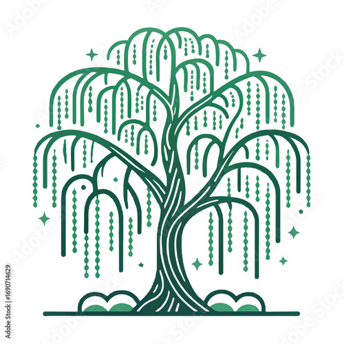 Elegant Green Willow Tree Line Art: Mystical, Enchanting, Nature Illustration