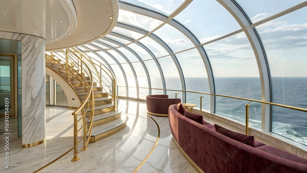 Obraz premium Luxurious curved glass corridor with ocean view and elegant staircase on a cruise ship