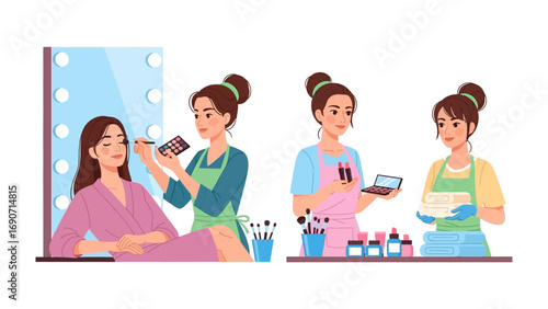 Three professional makeup artists applying cosmetics and skincare products to a female client in a beauty salon setting with vanity lights and brushes