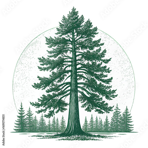 Serene Vintage Illustration: Majestic Redwood Tree in Forest, Engraved Style, Nature Conservation Theme