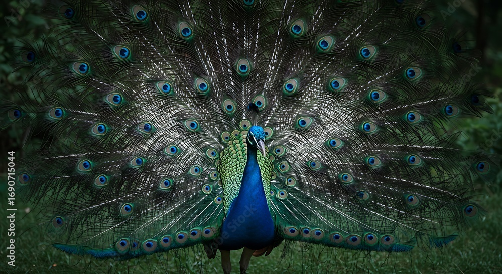 Fototapeta premium Peacock displaying its vibrant iridescent tail feathers in a dark, moody forest setting