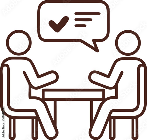 Minimalist consultation icon with abstract figures representing discussion and ideas isolated on transparent background