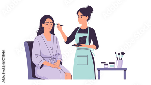 Professional makeup artist applying cosmetics to a seated woman s face with brushes and palette in a beauty salon setting