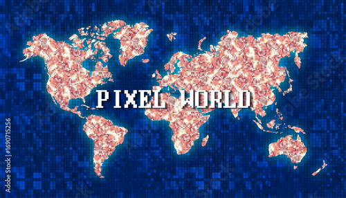 Vector pixel world. Planet earth map. Cyan glow. Dark mosaic blue background. Inscription. Wallpaper