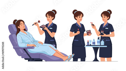 Young woman receiving professional makeup application from a skilled beautician in a salon setting with various cosmetic products displayed on a table