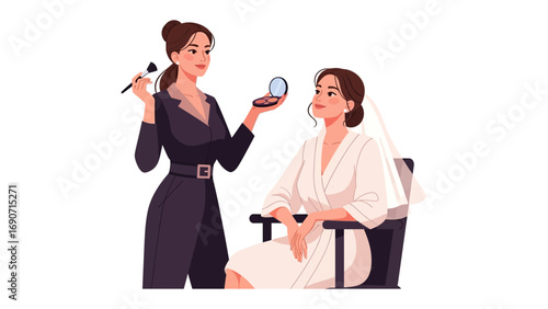 Professional makeup artist applying cosmetic products to a woman s face in a beauty salon or studio setting