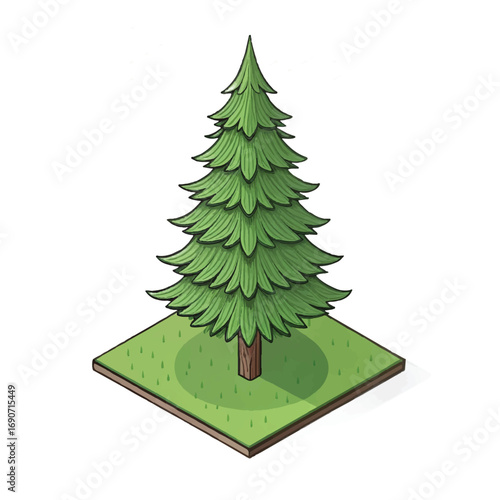 Isometric Illustration: Lush Green Evergreen Tree on Grass Patch, Simple Style, Nature Theme