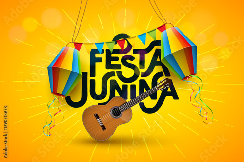 Festa Junina Brazilian Midsummer Festival Vector Banner with Acoustic Guitar, Colorful Quadrille Balloons, Bunting Flags, and Yellow Sunburst Background