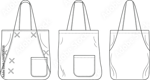 Trendy reusable tote bag flat vector illustration, front, side, back views, sustainable fashion accessory, eco-friendly shopping bag cad drawing