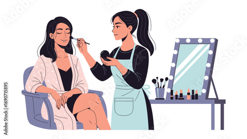 Professional makeup artist applying cosmetics to a client sitting in a chair with a vanity mirror and makeup supplies nearby