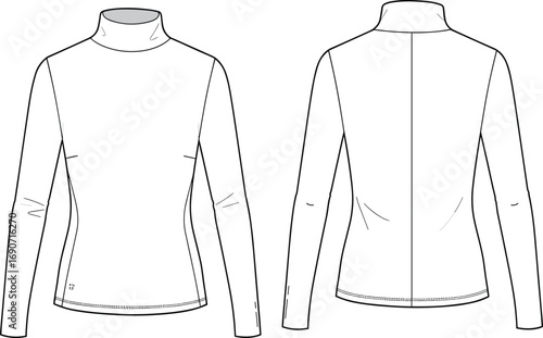 Women’s turtleneck long sleeve top front and back view, fitted style, seamless design, casual wear, layered clothing, vector fashion design, cad drawing flat vector illustration
