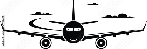 Airplane Taking Off Silhouette with Runway and Clouds on Transparent Background