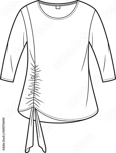 Women's long sleeve ruched side top with round neckline, casual style, drawstring detail, fashion illustration, cad drawing, flat vector, garment template
