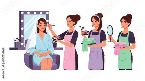 Four diverse women in a beauty salon setting one receiving makeup application while others prepare tools and towels for professional beauty services