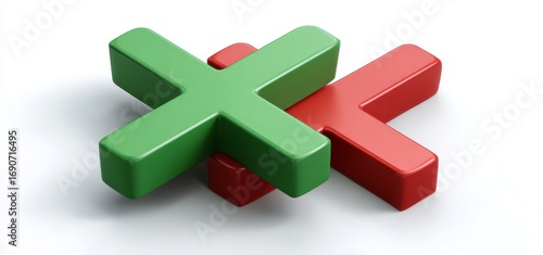 The depiction of a green check mark and a red cross on a white background is used to symbolize affirmative and negative responses in web and app design, where the check mark denotes a correct or