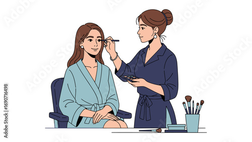 Professional makeup artist applying cosmetic foundation to a young woman s face in a beauty salon setting illustration