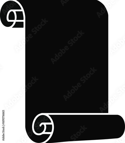 A classic black silhouette of an unfurled paper scroll, symbolizing ancient knowledge, important decrees, historical documents, or magical spells.