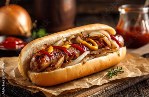 On a rustic wooden surface, a traditional South African street food is showcased, with the Juicy Boerewors roll comprising grilled sausage, onions, and tomato sauce, ideal as a tasty and convenient