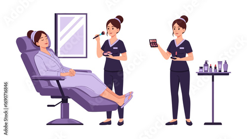Aesthetician demonstrating skincare products to a client relaxing in a spa treatment chair during a consultation in a modern beauty salon