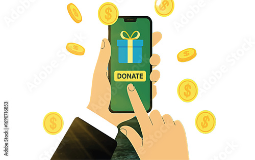 Online charitable giving on a smartphone with a prominent donate button, surrounded by floating coins