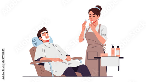 Professional barber applying shaving cream to a male client sitting in a vintage barber chair during a grooming session