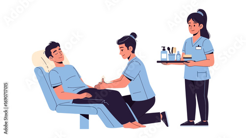 Young male patient receiving medical treatment from a female doctor in a clinic with a nurse holding medical supplies on a tray