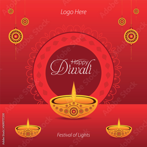 Beautiful diwali greeting card with shiny diya oil lamp background