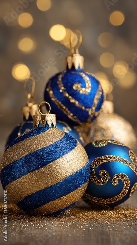 Three Blue And Gold Christmas Ornaments