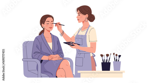 Professional makeup artist applying cosmetic foundation to a woman s face with a brush in a beauty salon setting