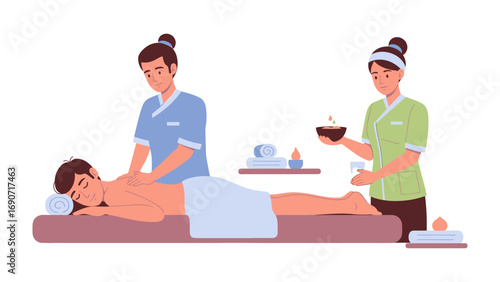 Two professional spa therapists providing a relaxing massage and aromatherapy treatment to a contented client lying on a massage table in a serene wellness center