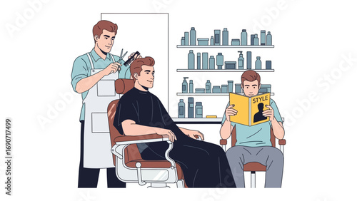 A skilled barber in a vintage barbershop meticulously cuts a client s hair while another man waits patiently reading a magazine