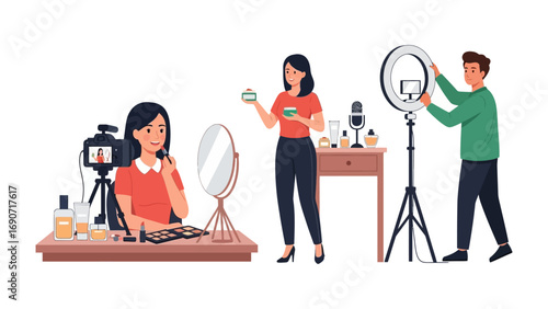 Creative women and man collaborate to film beauty tutorials and product reviews using cameras ring lights and makeup on a white background