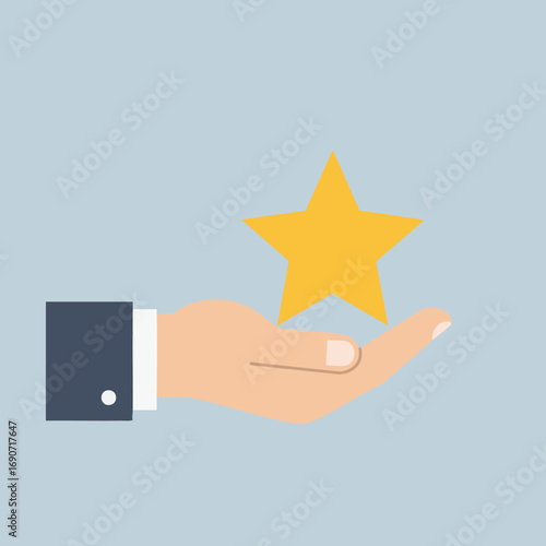 A professional hand presents a gleaming golden star, symbolizing top-tier quality, customer satisfaction, and excellent service in a modern flat design illustration.