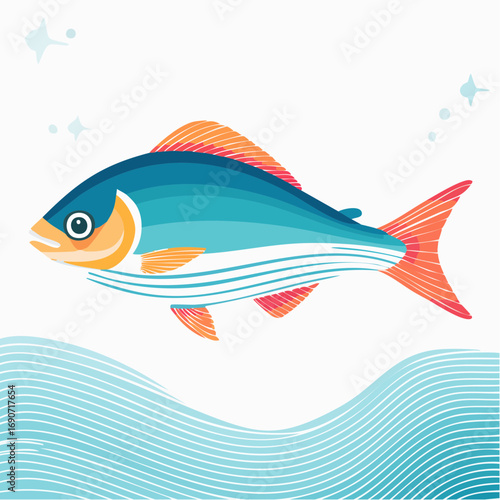 Vibrant graphic illustration of a colorful fish swimming in the ocean, an aquatic animal design element for nature and seafood concepts