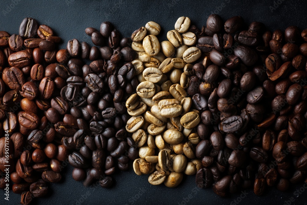 Obraz premium Coffee beans in various degrees of roasting.