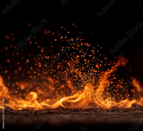 Close-up of intense flames sparks and smoke against black background with shallow depth of field, dynamic fire energy and heat captured from low angle.