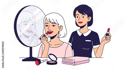 A young woman with short blonde hair applies lipstick in a large round mirror while a makeup artist with dark hair holds a lipstick tube and watches closely