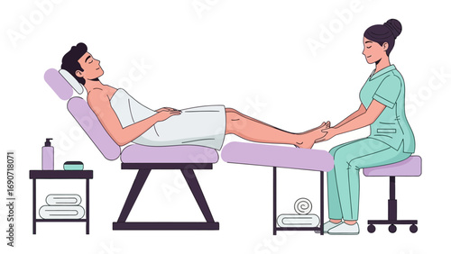Man receiving a relaxing foot massage from a therapist in a spa or clinic setting with a clean white background