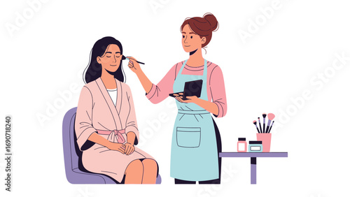 Professional makeup artist applying cosmetic makeup to a woman sitting in a chair in a beauty salon setting