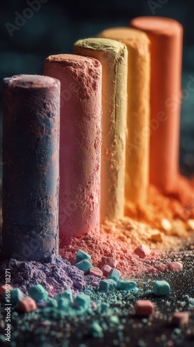Colorful Chalk Sticks and Powder on Dark Background