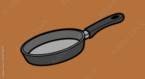 Black frying pan with handle for cooking food on the stove.