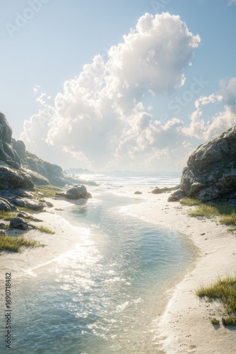 Tranquil Coastal Cove Under Sunny Sky