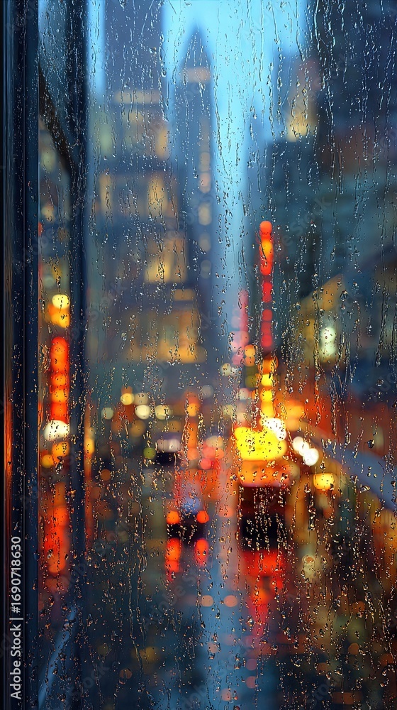 Fototapeta premium Rainy Cityscape Viewed Through Rain-Streaked Window