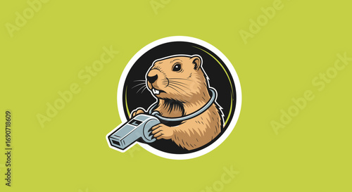 Cartoon gopher holding a whistle ready to coach or officiate.