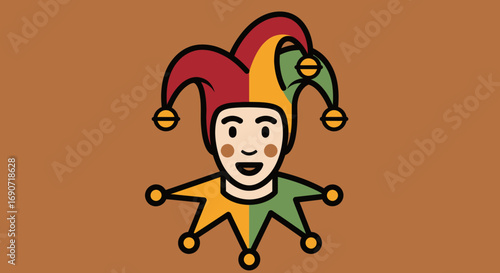 Cartoon Jester with Colorful Hat and Smiling Face.